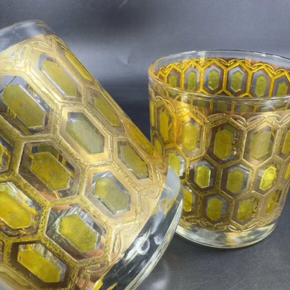 West Virginia Glass Madrid Gold Embossed Hexagon Old Fashioned Glasses Cup Set 2